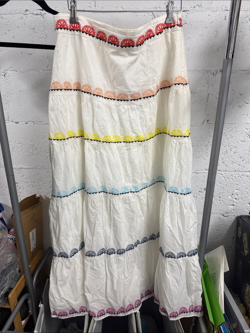 MARIE OLIVER - Size 4 - White Tiered Maxi Skirt with Multicolor Embroidery